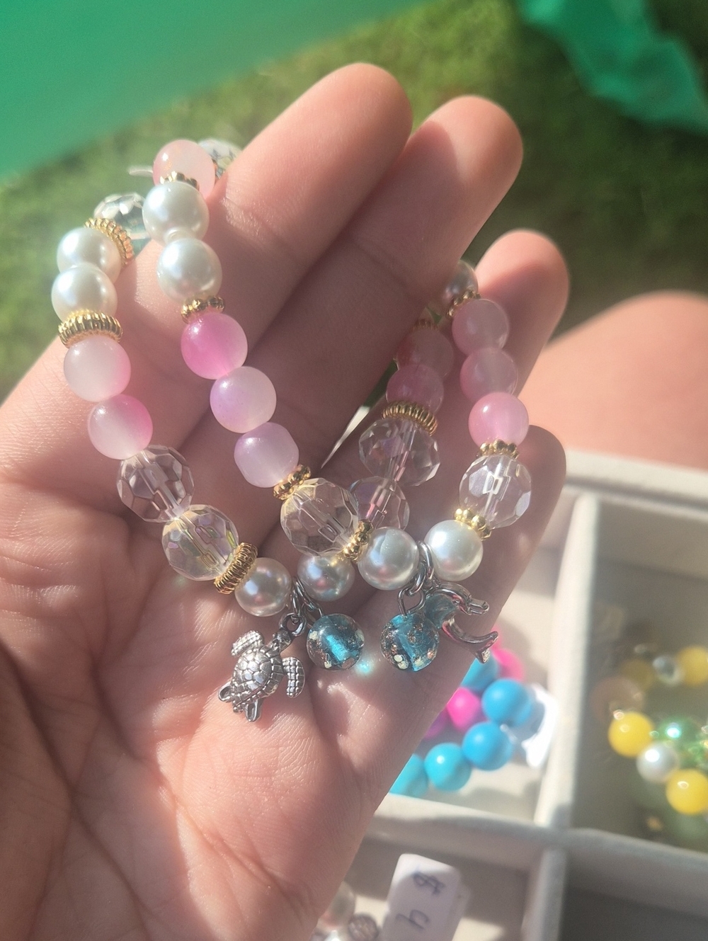 Handmade Pink Beaded Charm Bracelet - Pearl & Crystal Accents Best Friends